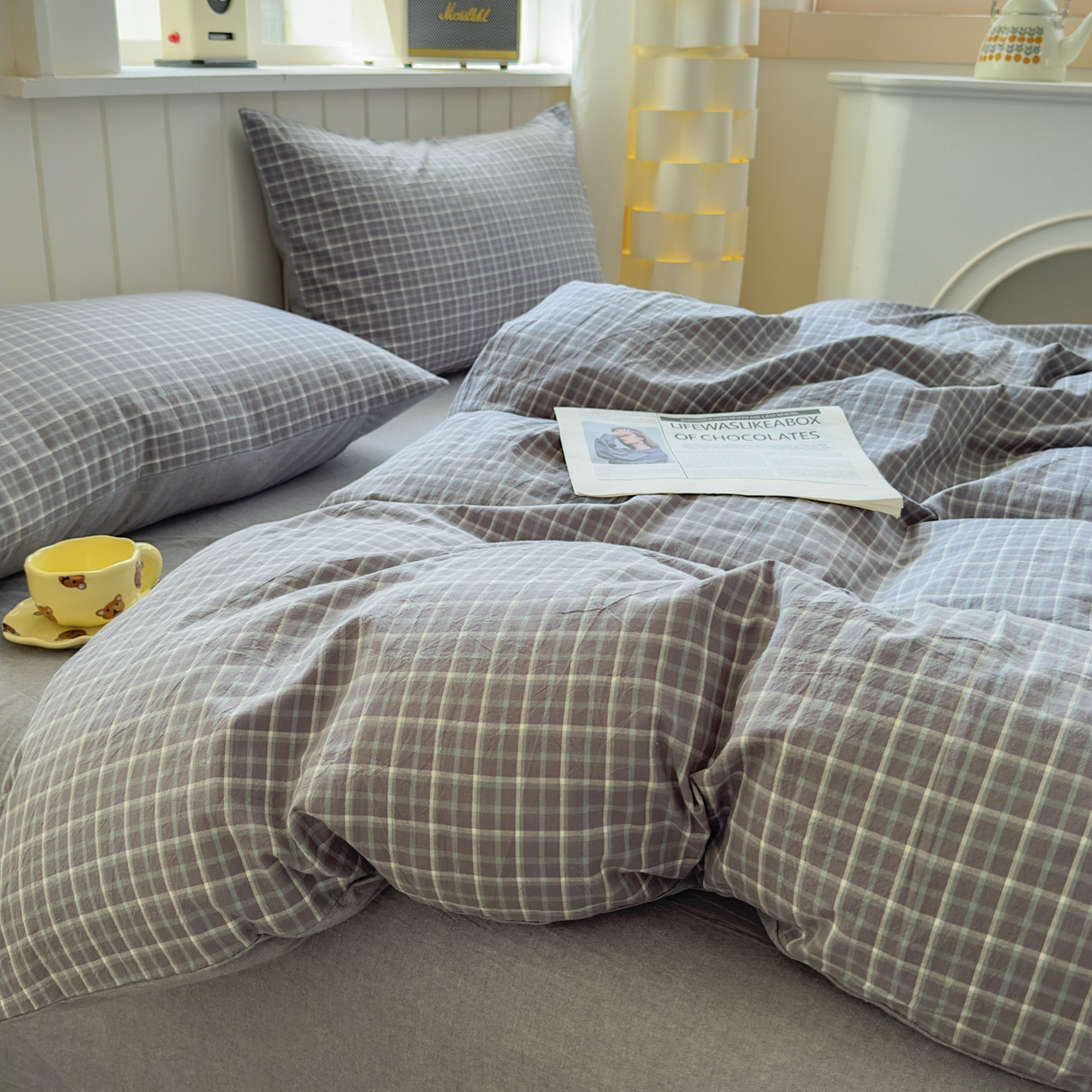 91家纺网 家纺一手货源 找家纺 晚依家纺 2025新款A类全棉色织水洗棉被套单件纯棉格子纯色学生宿舍被罩定制定做 米娜-绿灰