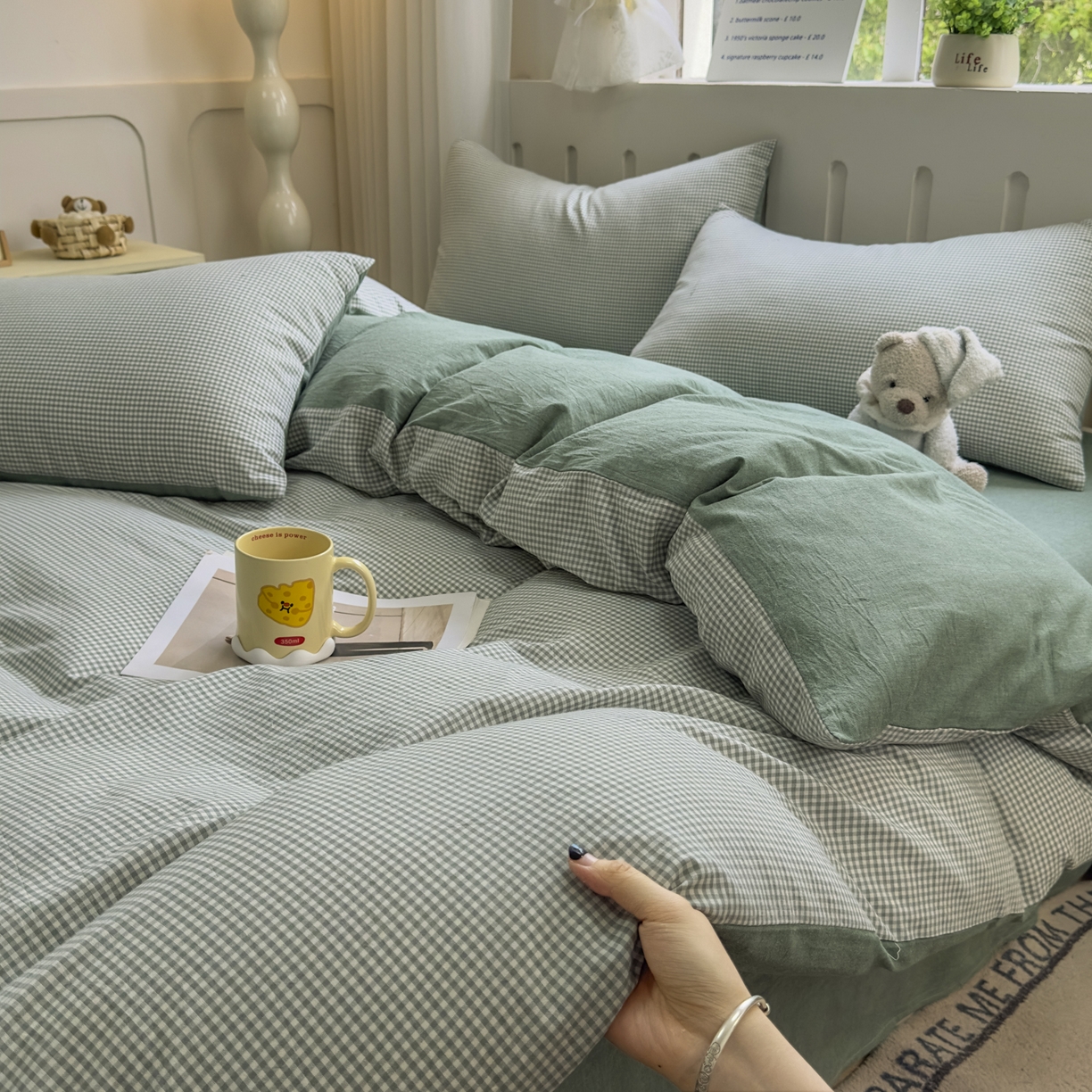 91家纺网 家纺一手货源 找家纺 晚依家纺 2025新款A类全棉色织水洗棉被套单件纯棉格子纯色学生宿舍被罩定制定做 密格-草绿