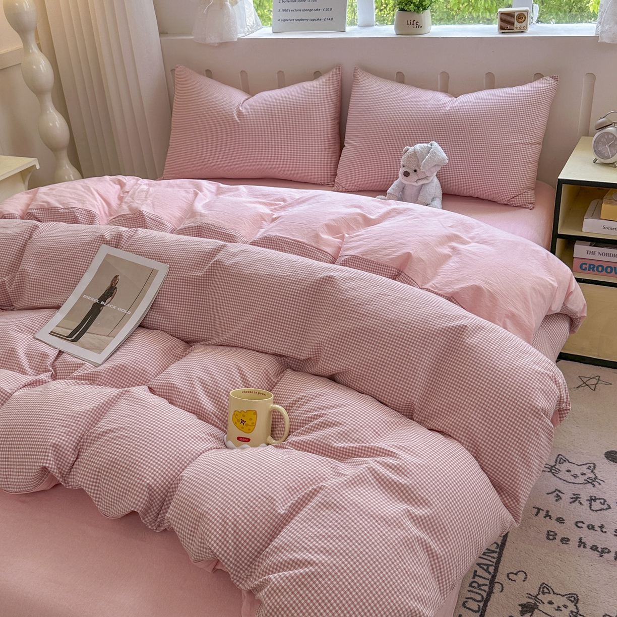 91家纺网 家纺一手货源 找家纺 晚依家纺 2025新款A类全棉色织水洗棉被套单件纯棉格子纯色学生宿舍被罩定制定做 密格-浅粉