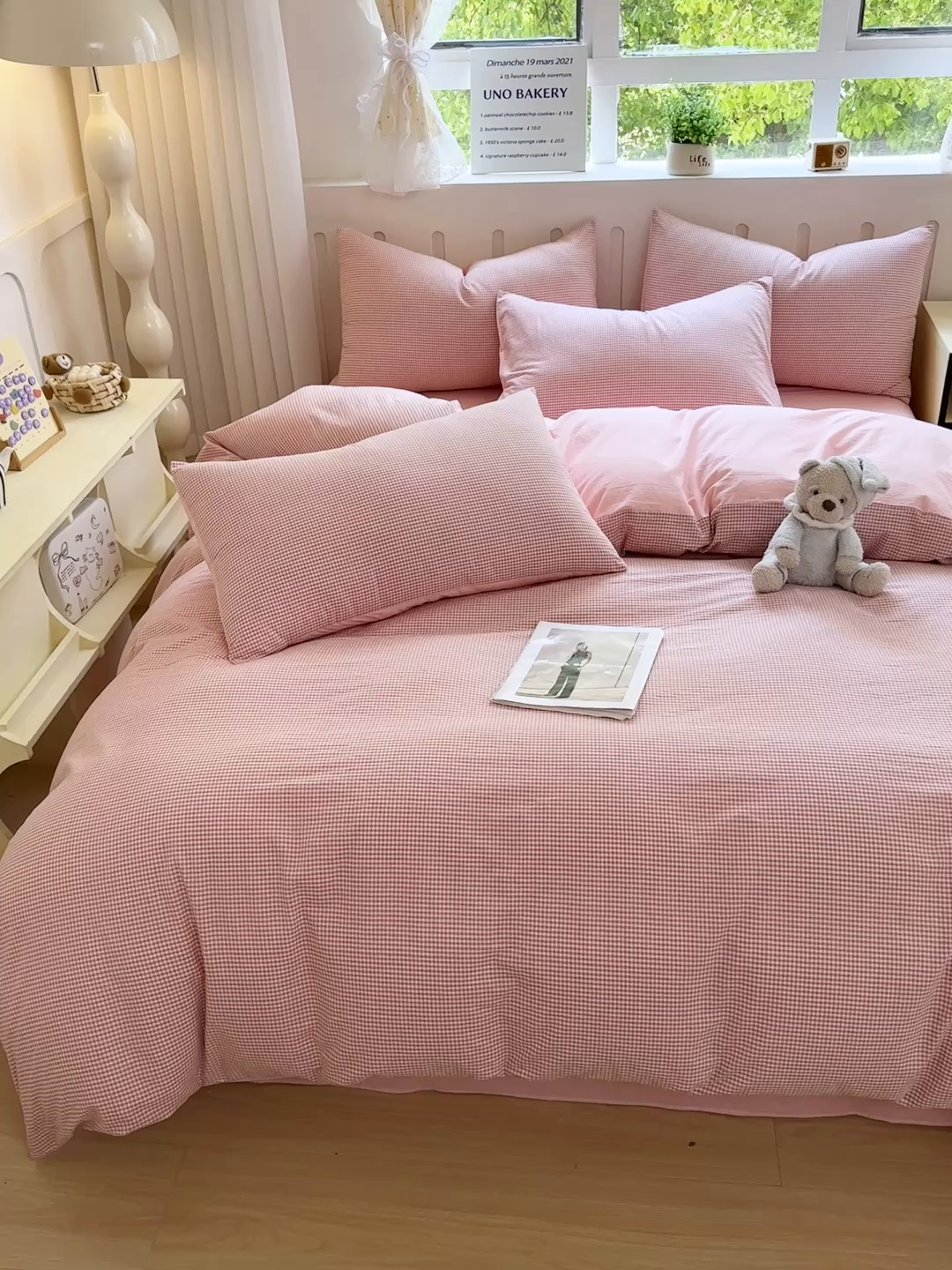 91家纺网 家纺一手货源 找家纺 晚依家纺 2025新款A类全棉色织水洗棉被套单件纯棉格子纯色学生宿舍被罩定制定做 密格-浅粉