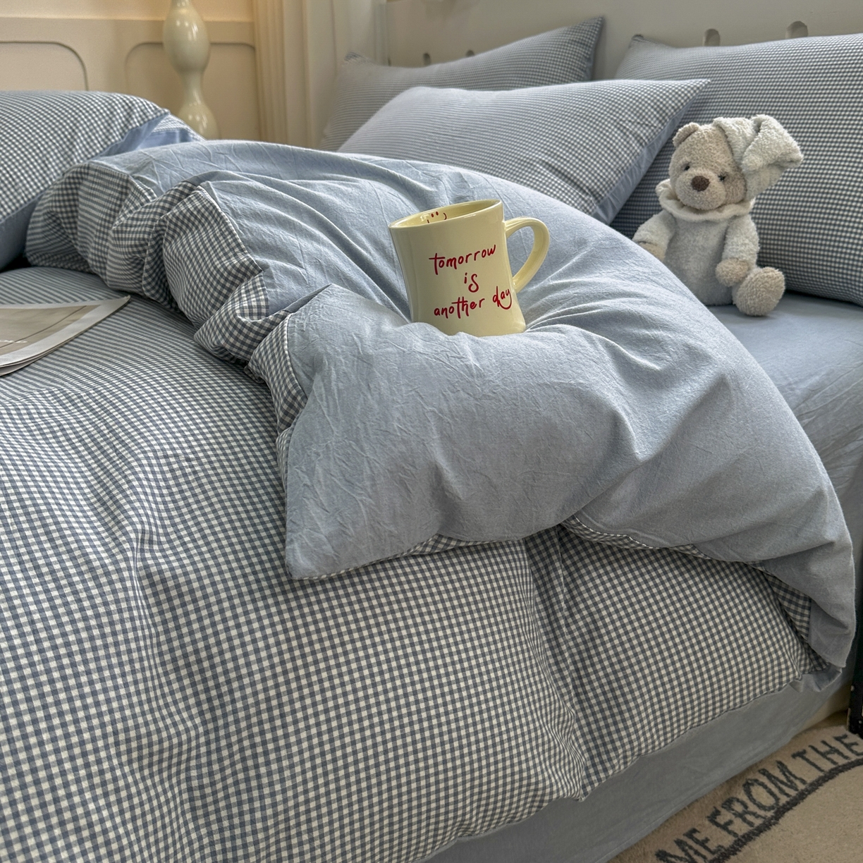 91家纺网 家纺一手货源 找家纺 晚依家纺 2025新款A类全棉色织水洗棉被套单件纯棉格子纯色学生宿舍被罩定制定做 密格-浅蓝