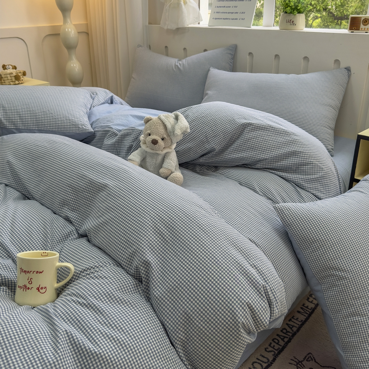 91家纺网 家纺一手货源 找家纺 晚依家纺 2025新款A类全棉色织水洗棉被套单件纯棉格子纯色学生宿舍被罩定制定做 密格-浅蓝