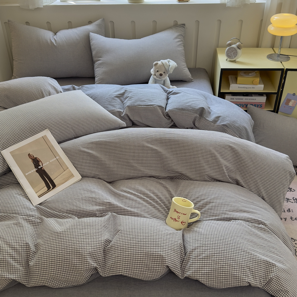 91家纺网 家纺一手货源 找家纺 晚依家纺 2025新款A类全棉色织水洗棉被套单件纯棉格子纯色学生宿舍被罩定制定做 密格-烟灰