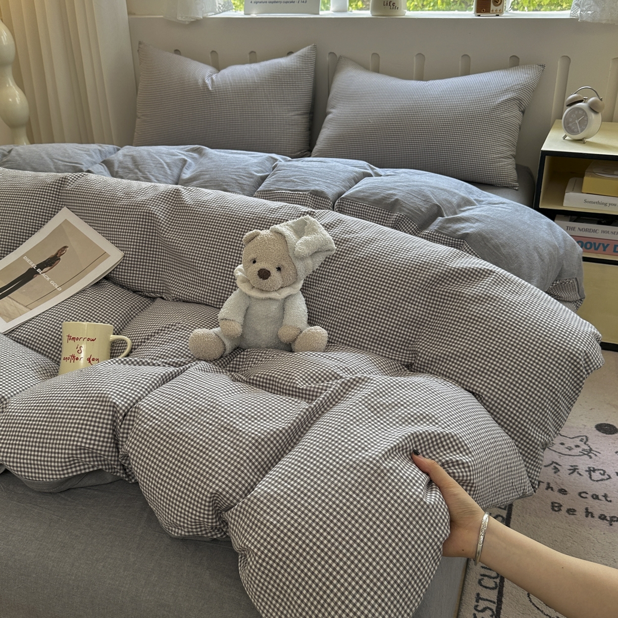 91家纺网 家纺一手货源 找家纺 晚依家纺 2025新款A类全棉色织水洗棉被套单件纯棉格子纯色学生宿舍被罩定制定做 密格-烟灰