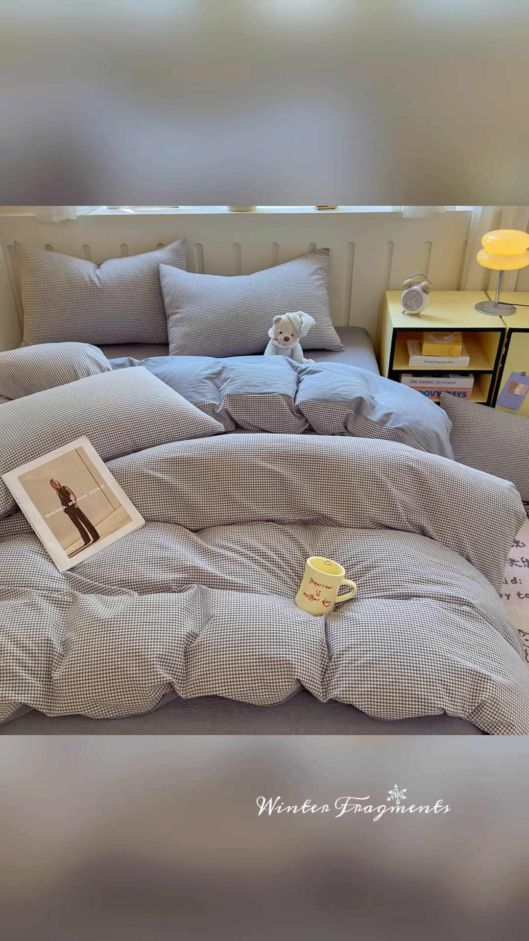 91家纺网 家纺一手货源 找家纺 晚依家纺 2025新款A类全棉色织水洗棉被套单件纯棉格子纯色学生宿舍被罩定制定做 密格-烟灰