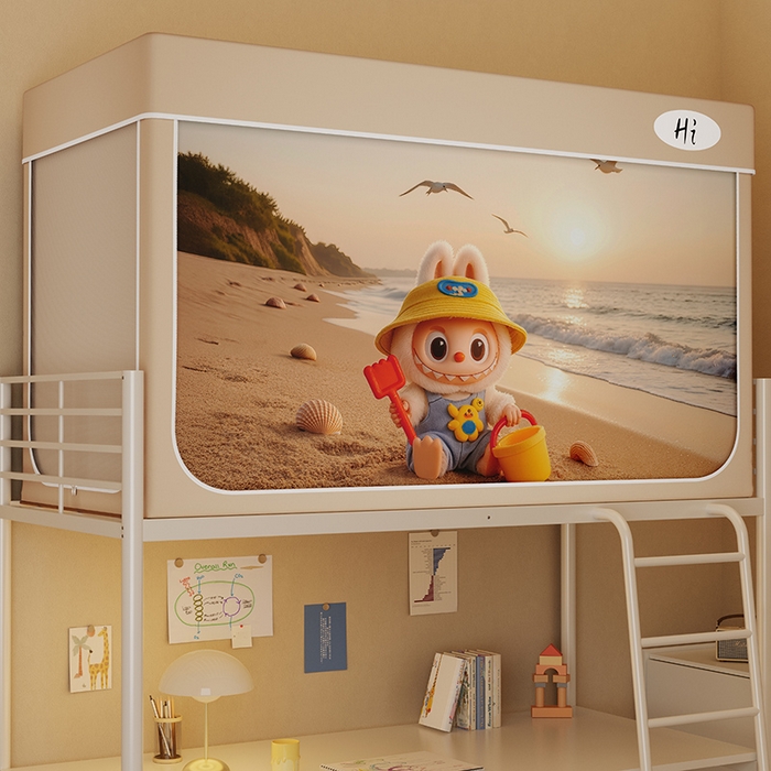 91家纺网 家纺一手货源 找家纺 安金蚊帐2025新款防蚊遮光一体99%强遮光学生宿舍上下铺遮光学生蚊帐-卡其系列 沙滩布布