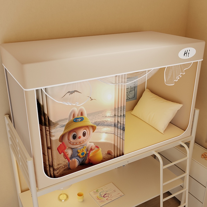 91家纺网 家纺一手货源 找家纺 安金蚊帐2025新款防蚊遮光一体99%强遮光学生宿舍上下铺遮光学生蚊帐-卡其系列 沙滩布布