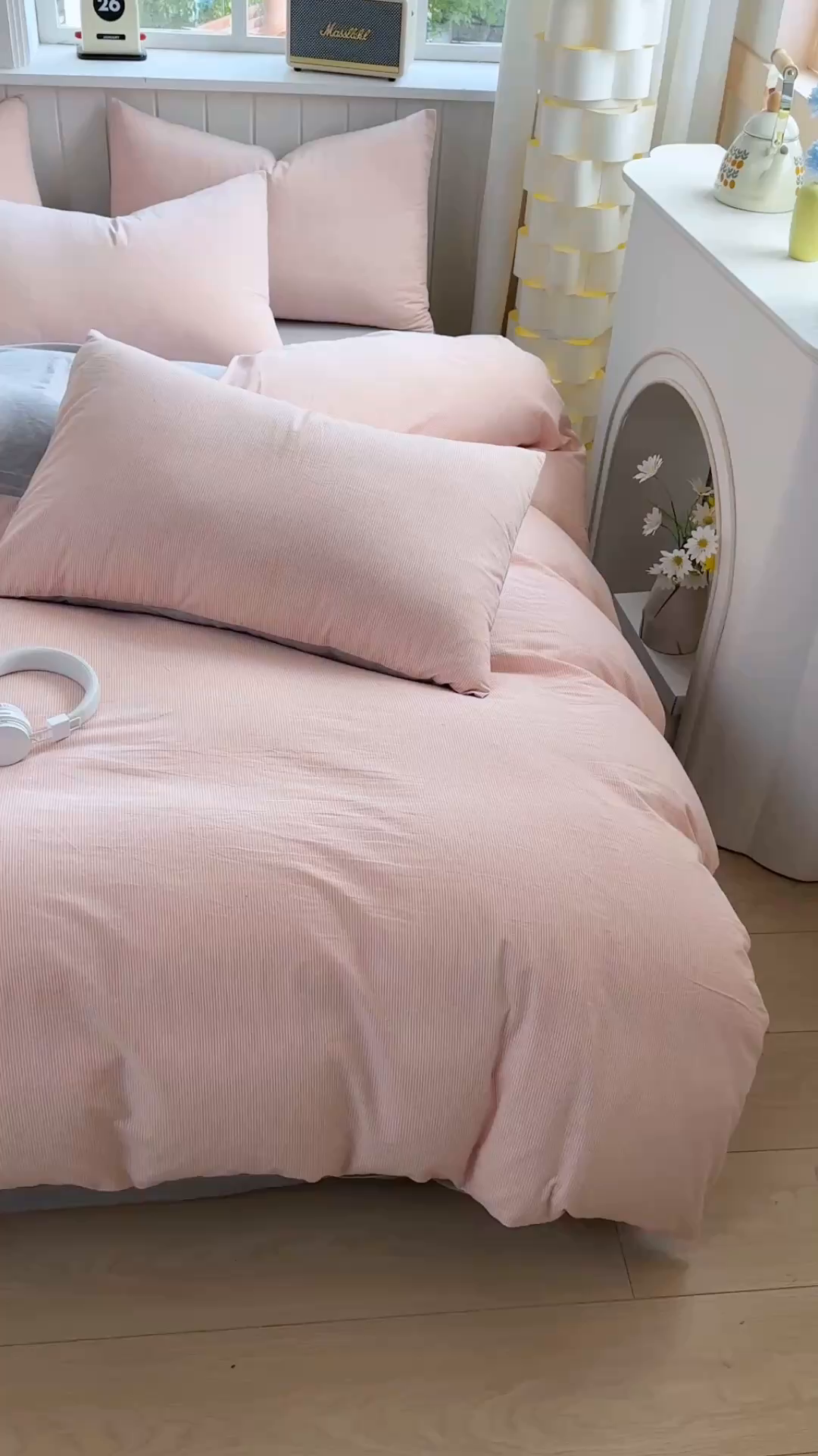 91家纺网 家纺一手货源 找家纺 晚依家纺 2025新款A类全棉色织水洗棉被套单件纯棉格子纯色学生宿舍被罩定制定做 密条-粉灰