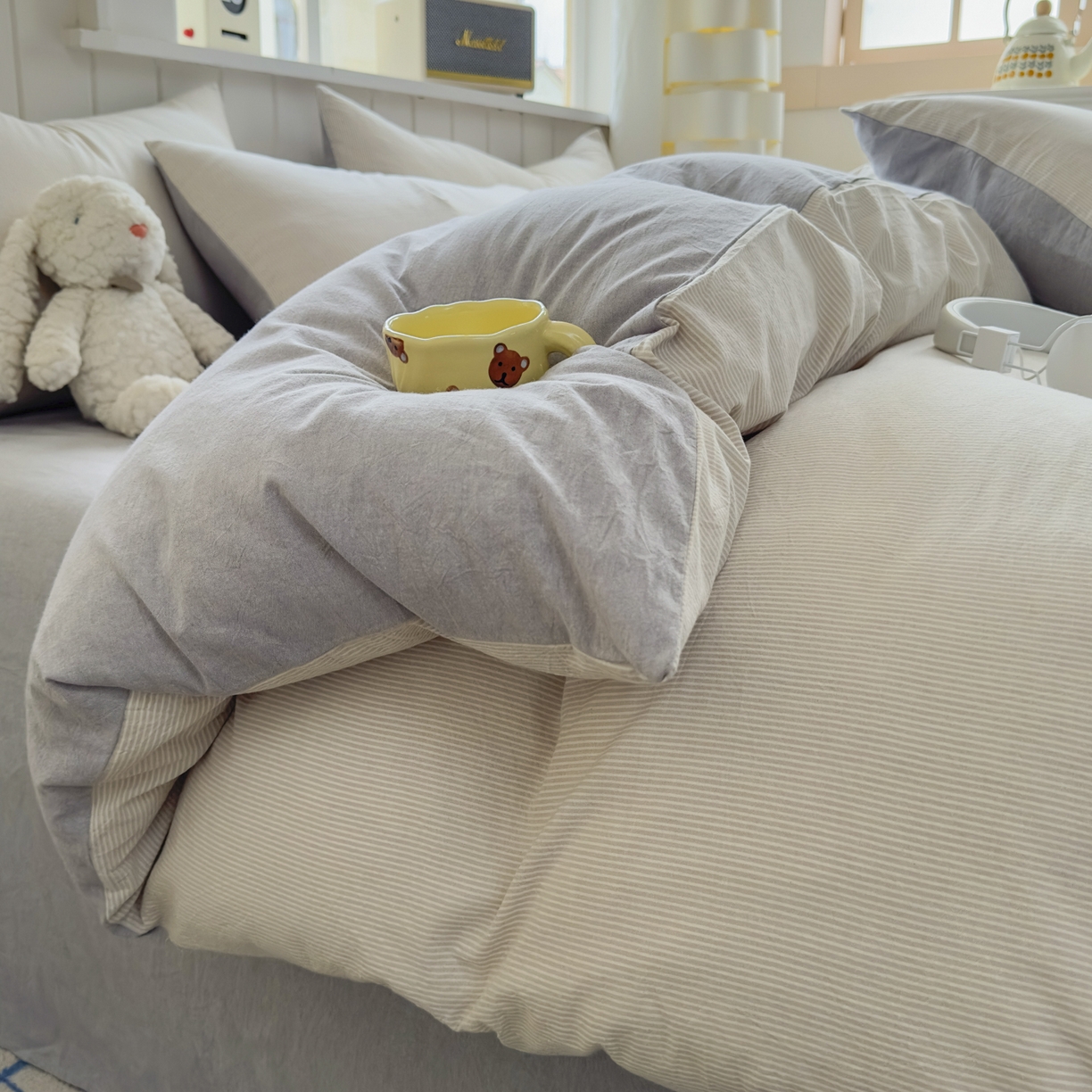 91家纺网 家纺一手货源 找家纺 晚依家纺 2025新款A类全棉色织水洗棉被套单件纯棉格子纯色学生宿舍被罩定制定做 密条-米灰