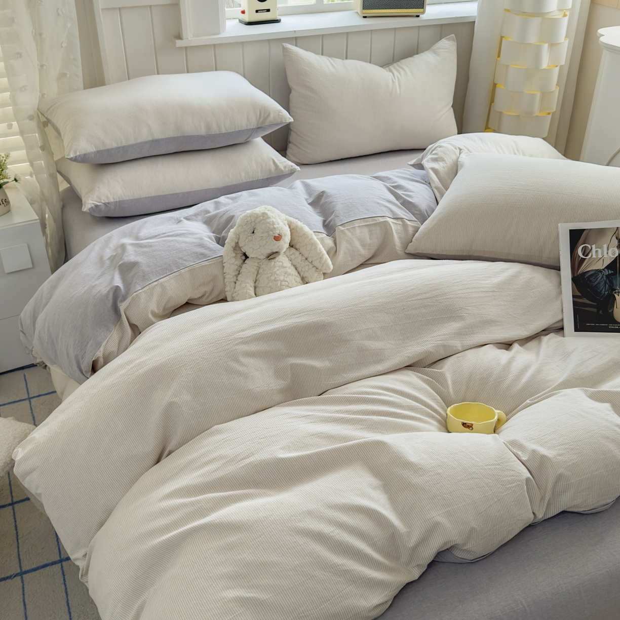 91家纺网 家纺一手货源 找家纺 晚依家纺 2025新款A类全棉色织水洗棉被套单件纯棉格子纯色学生宿舍被罩定制定做 密条-米灰