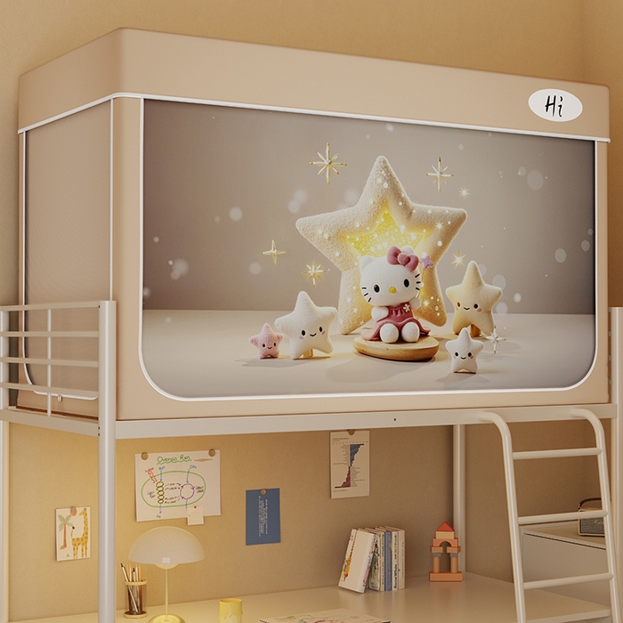 91家纺网 家纺一手货源 找家纺 安金蚊帐2025新款防蚊遮光一体99%强遮光学生宿舍上下铺遮光学生蚊帐-卡其系列 许愿猫