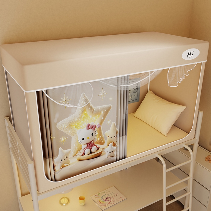 91家纺网 家纺一手货源 找家纺 安金蚊帐2025新款防蚊遮光一体99%强遮光学生宿舍上下铺遮光学生蚊帐-卡其系列 许愿猫