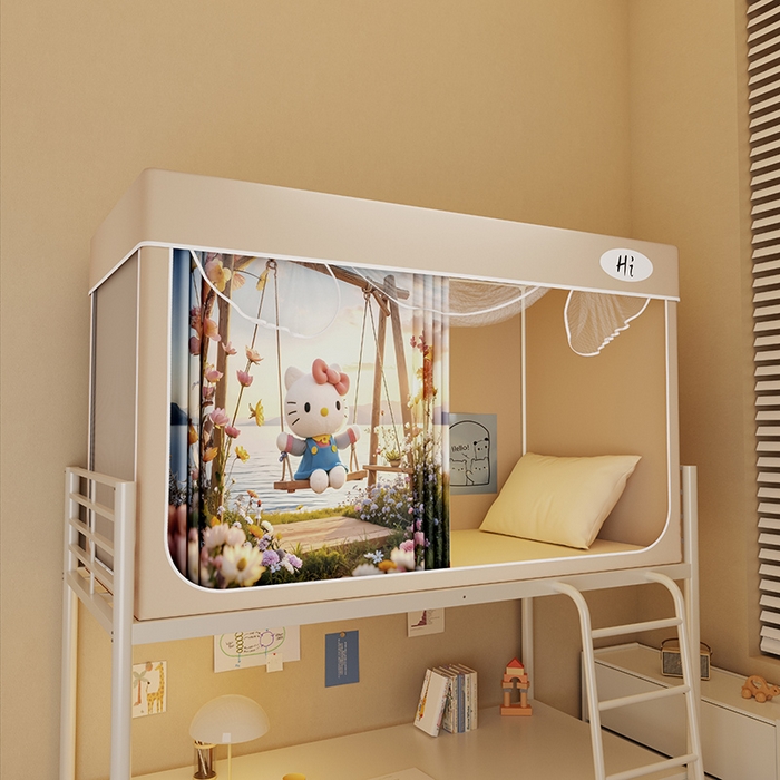 安金蚊帐2025新款防蚊遮光一体99%强遮光学生宿舍上下铺遮光学生蚊帐-卡其系列 秋千猫