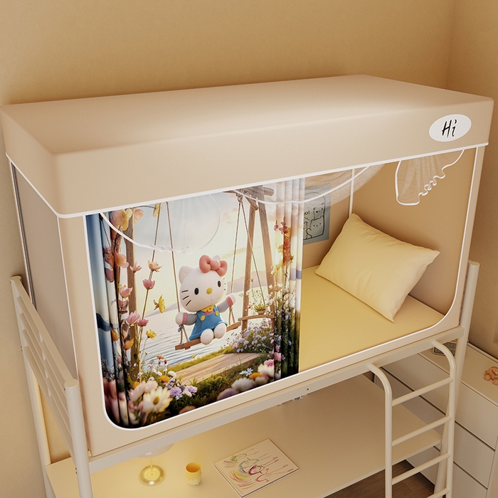 91家纺网 家纺一手货源 找家纺 安金蚊帐2025新款防蚊遮光一体99%强遮光学生宿舍上下铺遮光学生蚊帐-卡其系列 秋千猫