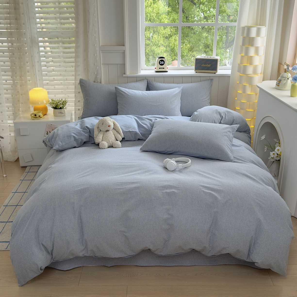 91家纺网 家纺一手货源 找家纺 晚依家纺 2025新款A类全棉色织水洗棉被套单件纯棉格子纯色学生宿舍被罩定制定做 密条-浅蓝