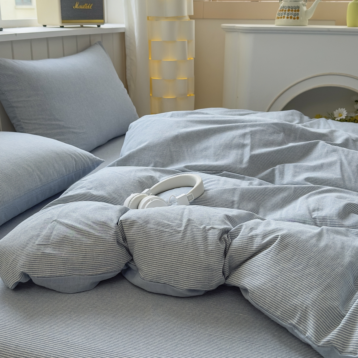 91家纺网 家纺一手货源 找家纺 晚依家纺 2025新款A类全棉色织水洗棉被套单件纯棉格子纯色学生宿舍被罩定制定做 密条-浅蓝