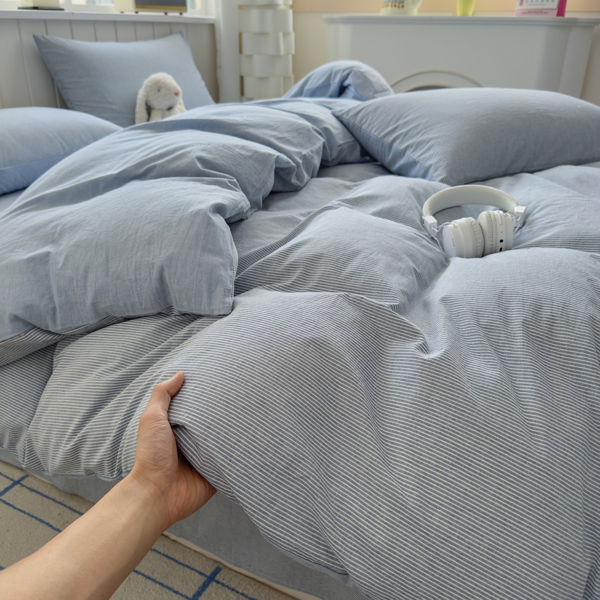 91家纺网 家纺一手货源 找家纺 晚依家纺 2025新款A类全棉色织水洗棉被套单件纯棉格子纯色学生宿舍被罩定制定做 密条-浅蓝