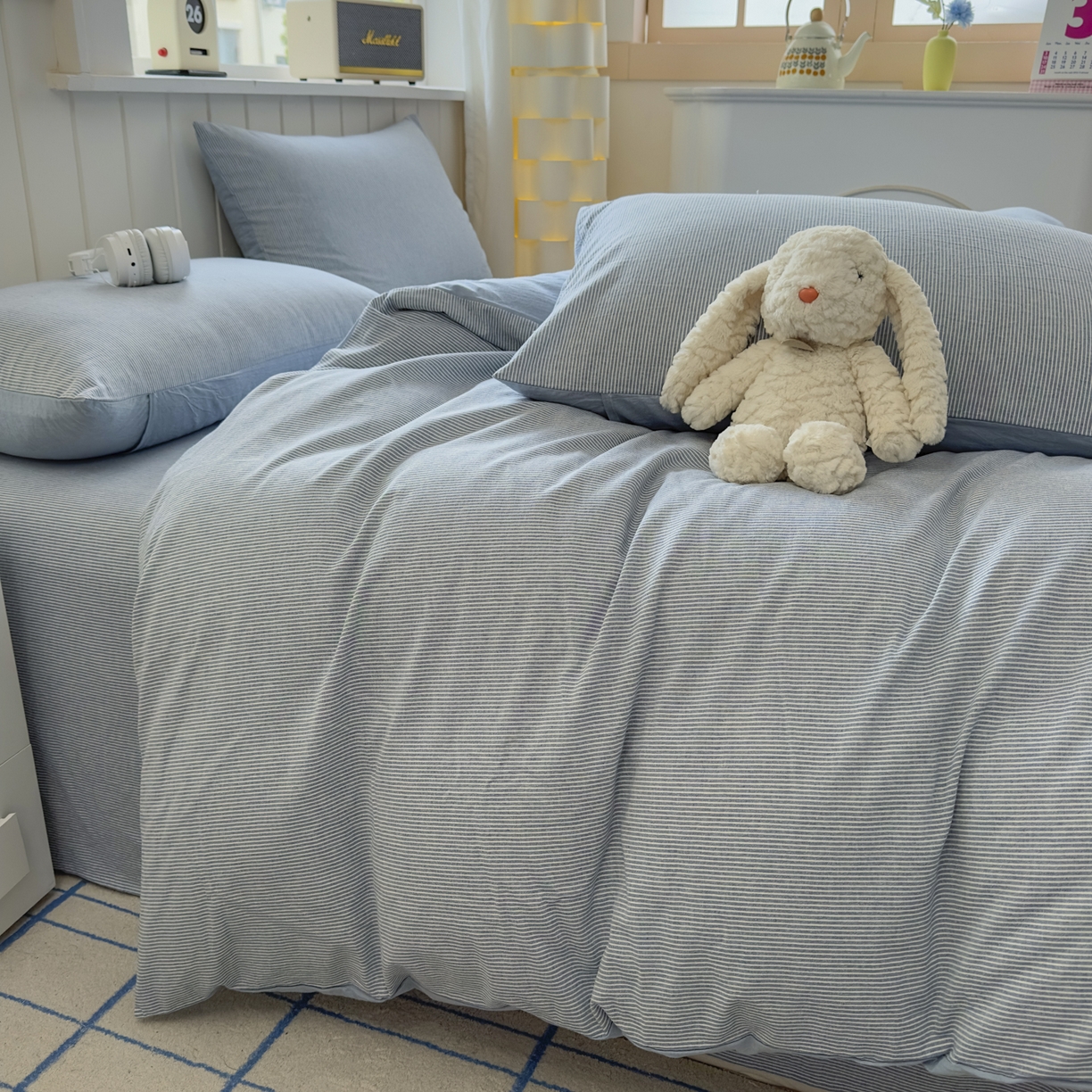 91家纺网 家纺一手货源 找家纺 晚依家纺 2025新款A类全棉色织水洗棉被套单件纯棉格子纯色学生宿舍被罩定制定做 密条-浅蓝