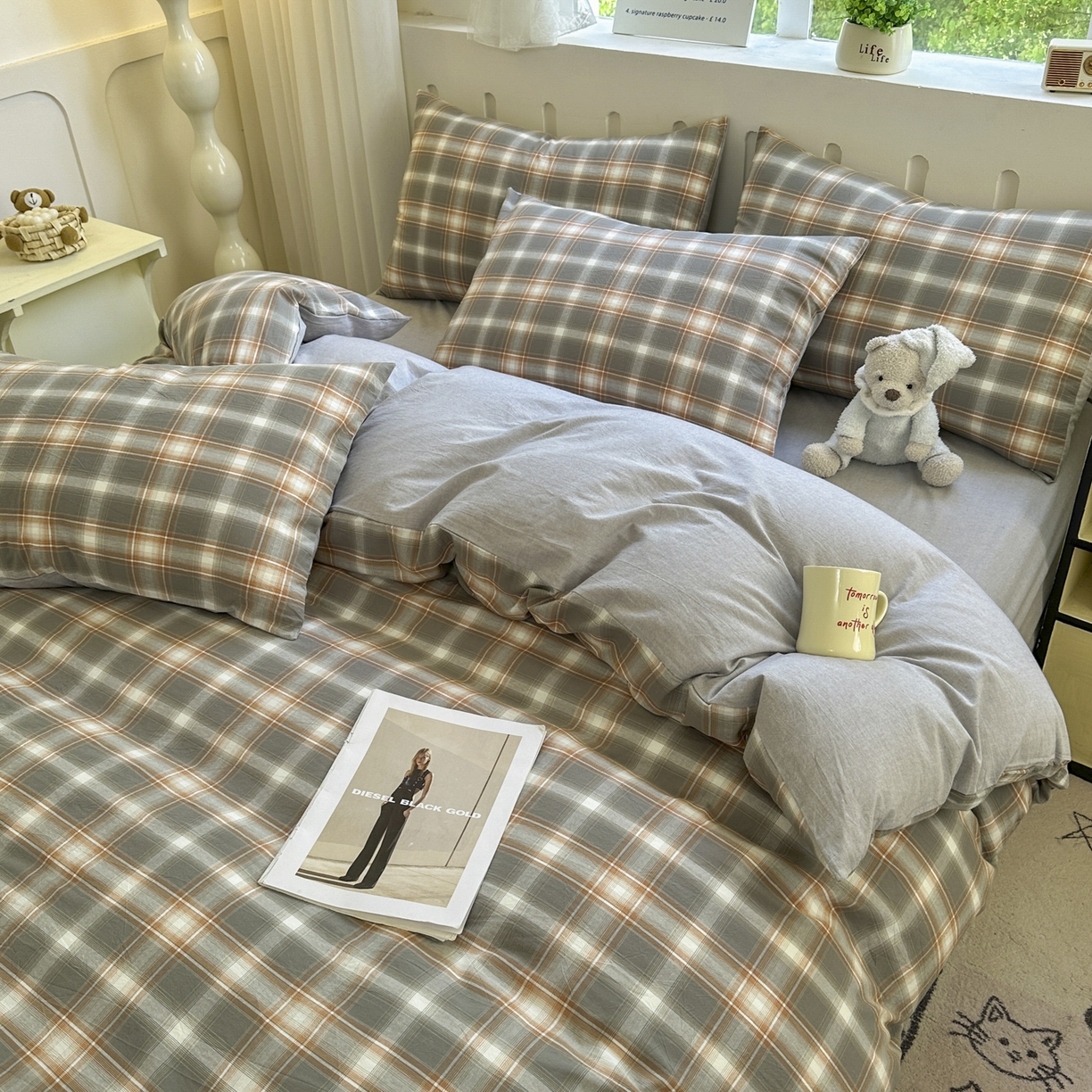 91家纺网 家纺一手货源 找家纺 晚依家纺 2025新款A类全棉色织水洗棉被套单件纯棉格子纯色学生宿舍被罩定制定做 诺卡-浅灰