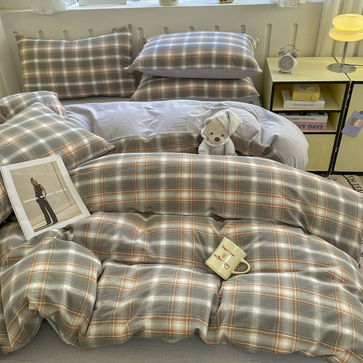 91家纺网 家纺一手货源 找家纺 晚依家纺 2025新款A类全棉色织水洗棉被套单件纯棉格子纯色学生宿舍被罩定制定做 诺卡-浅灰