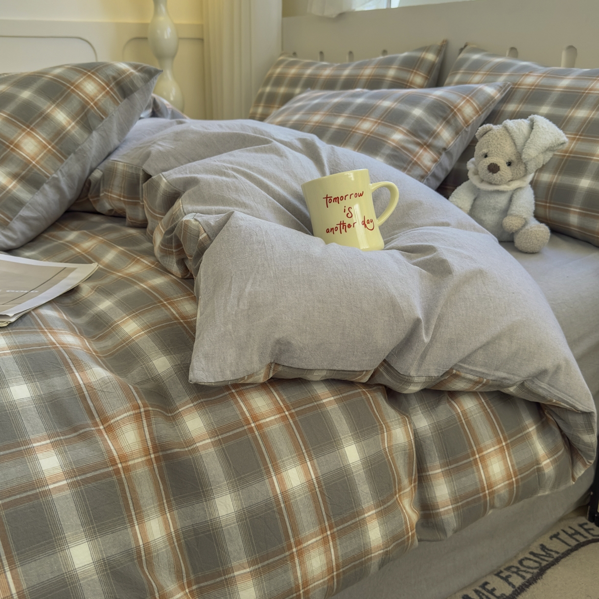 91家纺网 家纺一手货源 找家纺 晚依家纺 2025新款A类全棉色织水洗棉被套单件纯棉格子纯色学生宿舍被罩定制定做 诺卡-浅灰