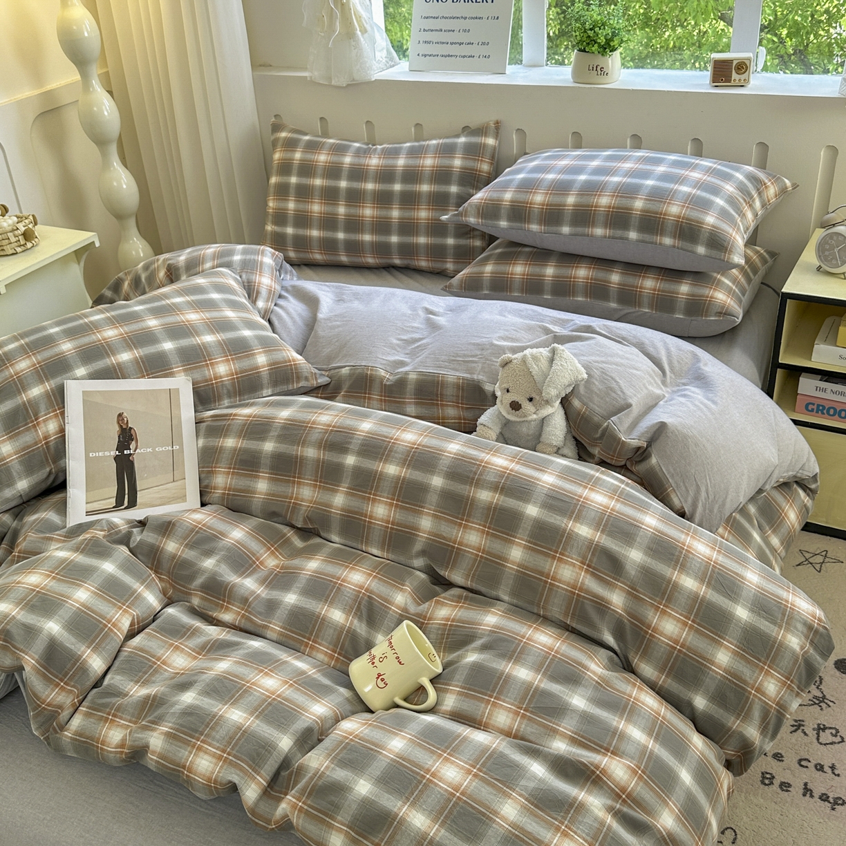 91家纺网 家纺一手货源 找家纺 晚依家纺 2025新款A类全棉色织水洗棉被套单件纯棉格子纯色学生宿舍被罩定制定做 诺卡-浅灰