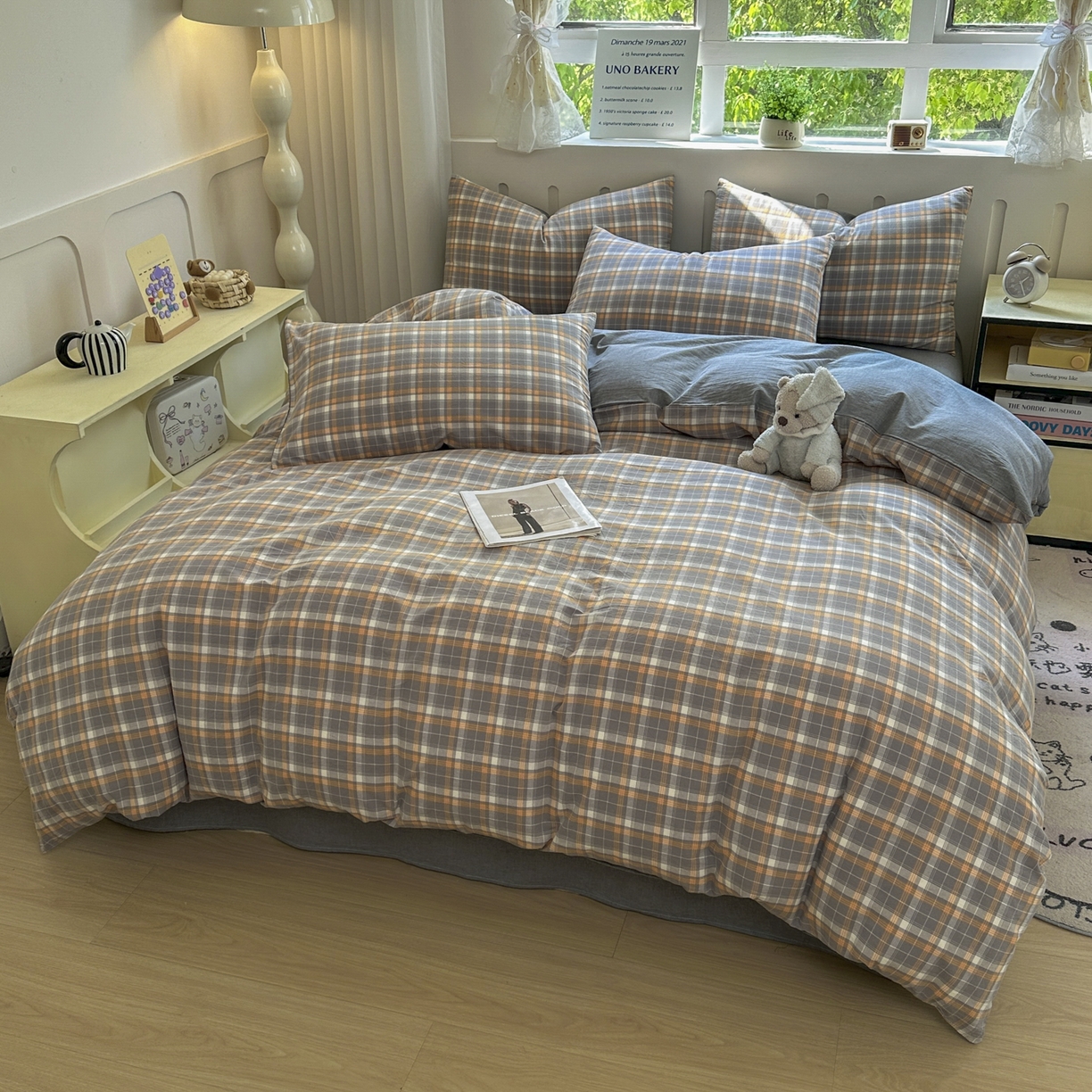 91家纺网 家纺一手货源 找家纺 晚依家纺 2025新款A类全棉色织水洗棉被套单件纯棉格子纯色学生宿舍被罩定制定做 映像格-橙灰