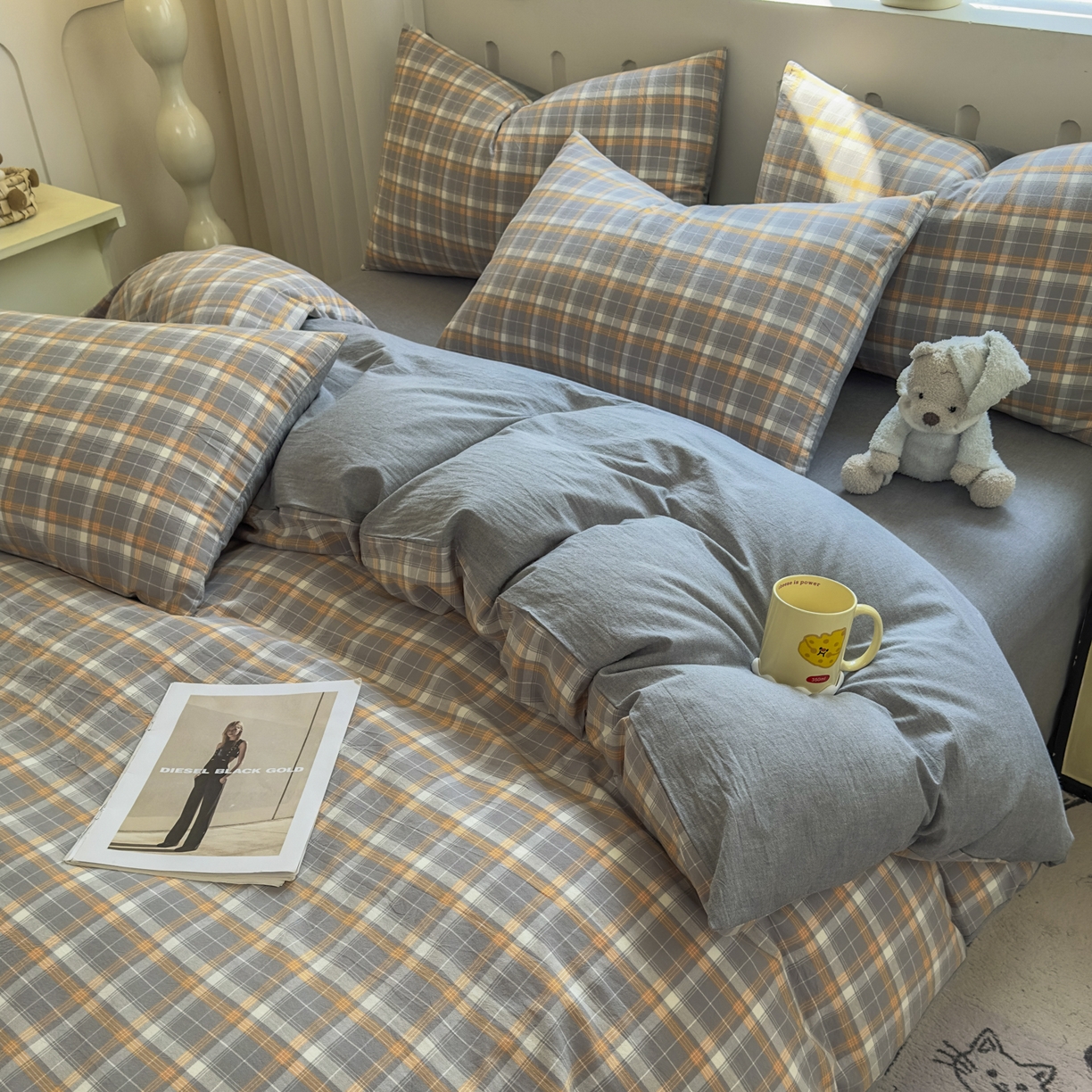 91家纺网 家纺一手货源 找家纺 晚依家纺 2025新款A类全棉色织水洗棉被套单件纯棉格子纯色学生宿舍被罩定制定做 映像格-橙灰