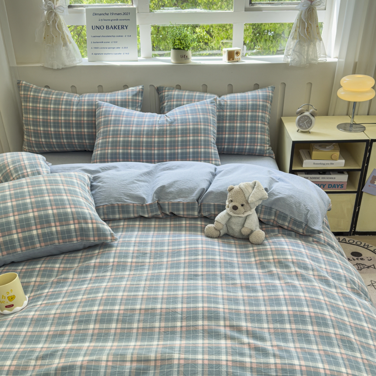 91家纺网 家纺一手货源 找家纺 晚依家纺 2025新款A类全棉色织水洗棉被套单件纯棉格子纯色学生宿舍被罩定制定做 映像格-蓝