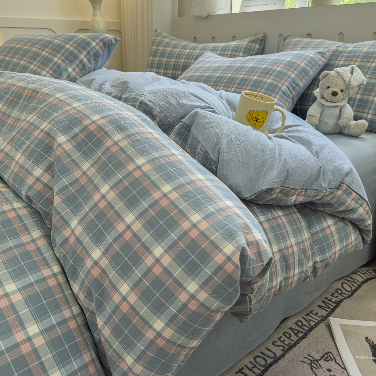 91家纺网 家纺一手货源 找家纺 晚依家纺 2025新款A类全棉色织水洗棉被套单件纯棉格子纯色学生宿舍被罩定制定做 映像格-蓝