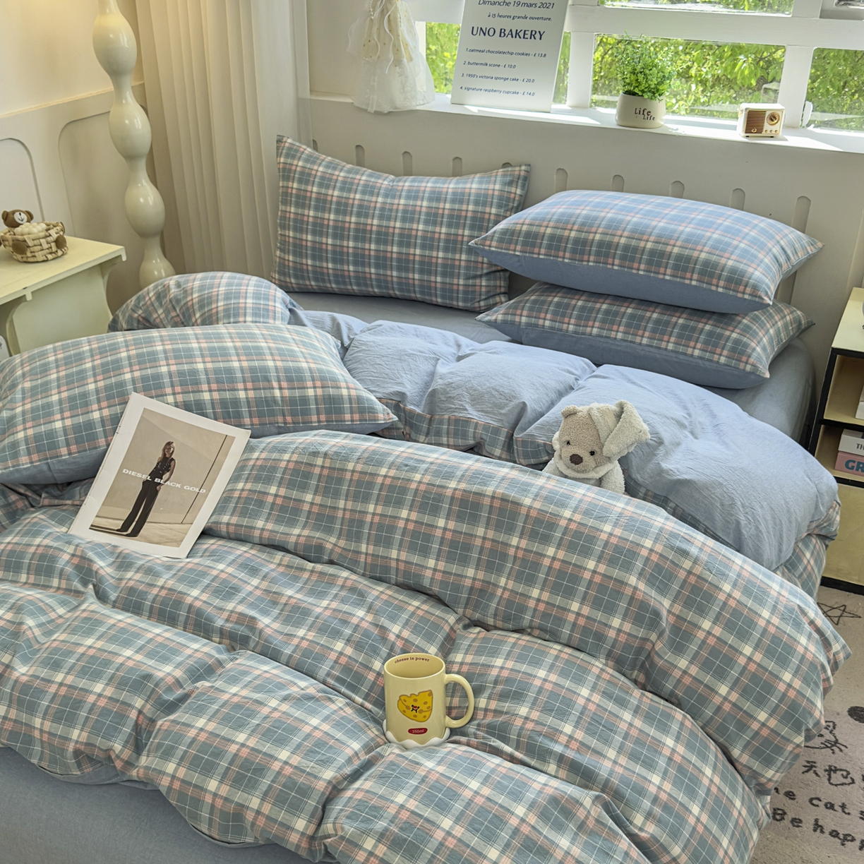 91家纺网 家纺一手货源 找家纺 晚依家纺 2025新款A类全棉色织水洗棉被套单件纯棉格子纯色学生宿舍被罩定制定做 映像格-蓝