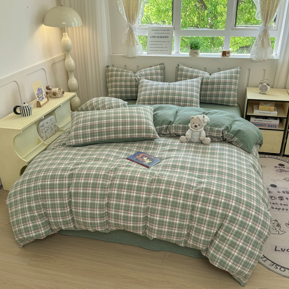 91家纺网 家纺一手货源 找家纺 晚依家纺 2025新款A类全棉色织水洗棉被套单件纯棉格子纯色学生宿舍被罩定制定做 映像格-绿