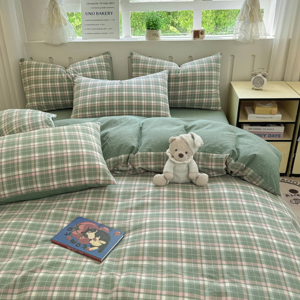 91家纺网 家纺一手货源 找家纺 晚依家纺 2025新款A类全棉色织水洗棉被套单件纯棉格子纯色学生宿舍被罩定制定做 映像格-绿