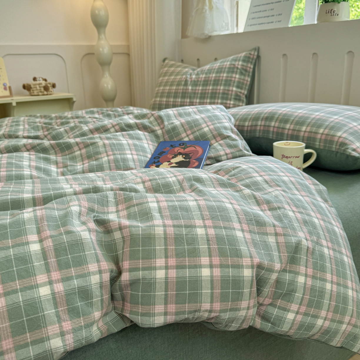 91家纺网 家纺一手货源 找家纺 晚依家纺 2025新款A类全棉色织水洗棉被套单件纯棉格子纯色学生宿舍被罩定制定做 映像格-绿