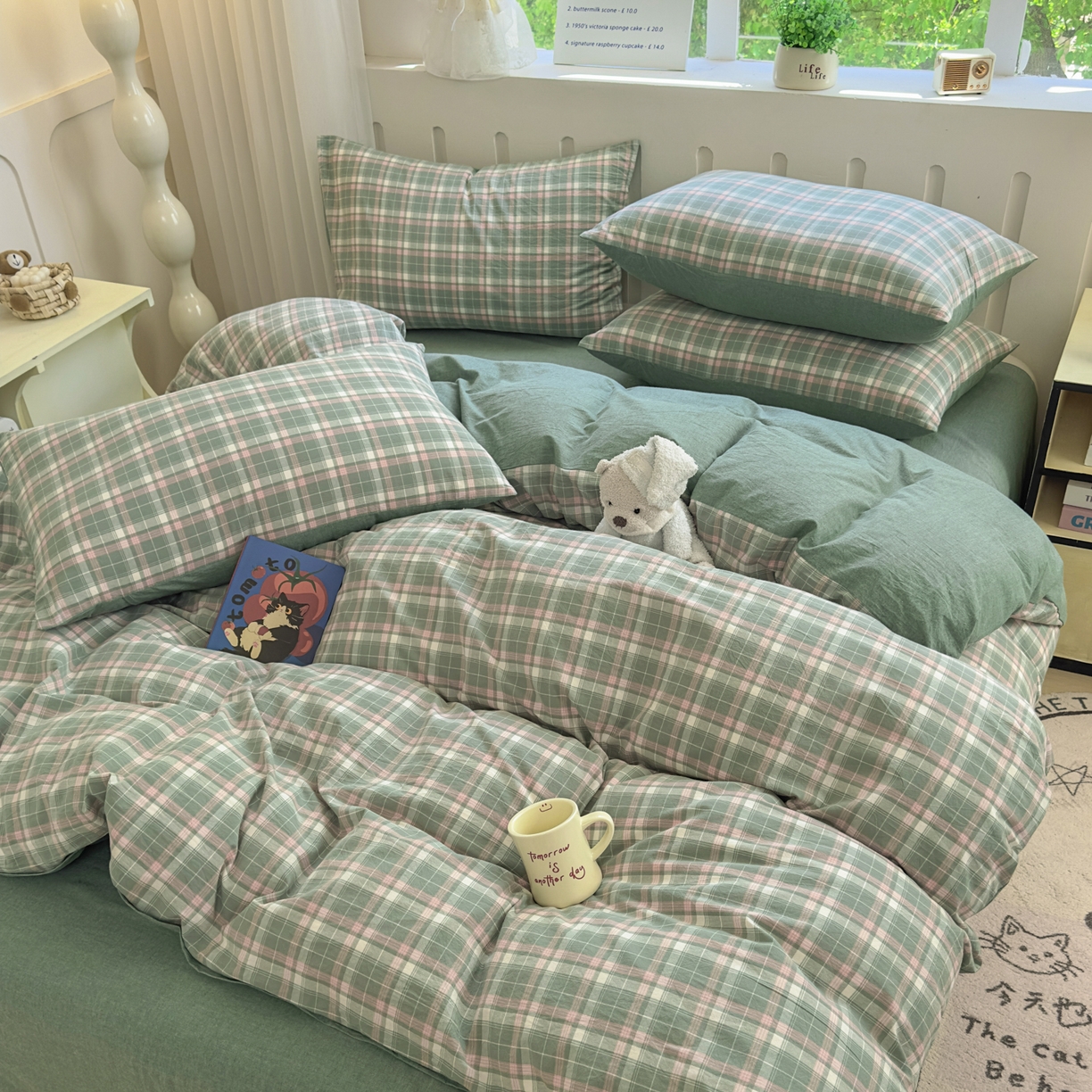 91家纺网 家纺一手货源 找家纺 晚依家纺 2025新款A类全棉色织水洗棉被套单件纯棉格子纯色学生宿舍被罩定制定做 映像格-绿