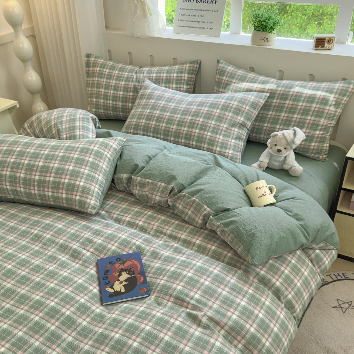 91家纺网 家纺一手货源 找家纺 晚依家纺 2025新款A类全棉色织水洗棉被套单件纯棉格子纯色学生宿舍被罩定制定做 映像格-绿