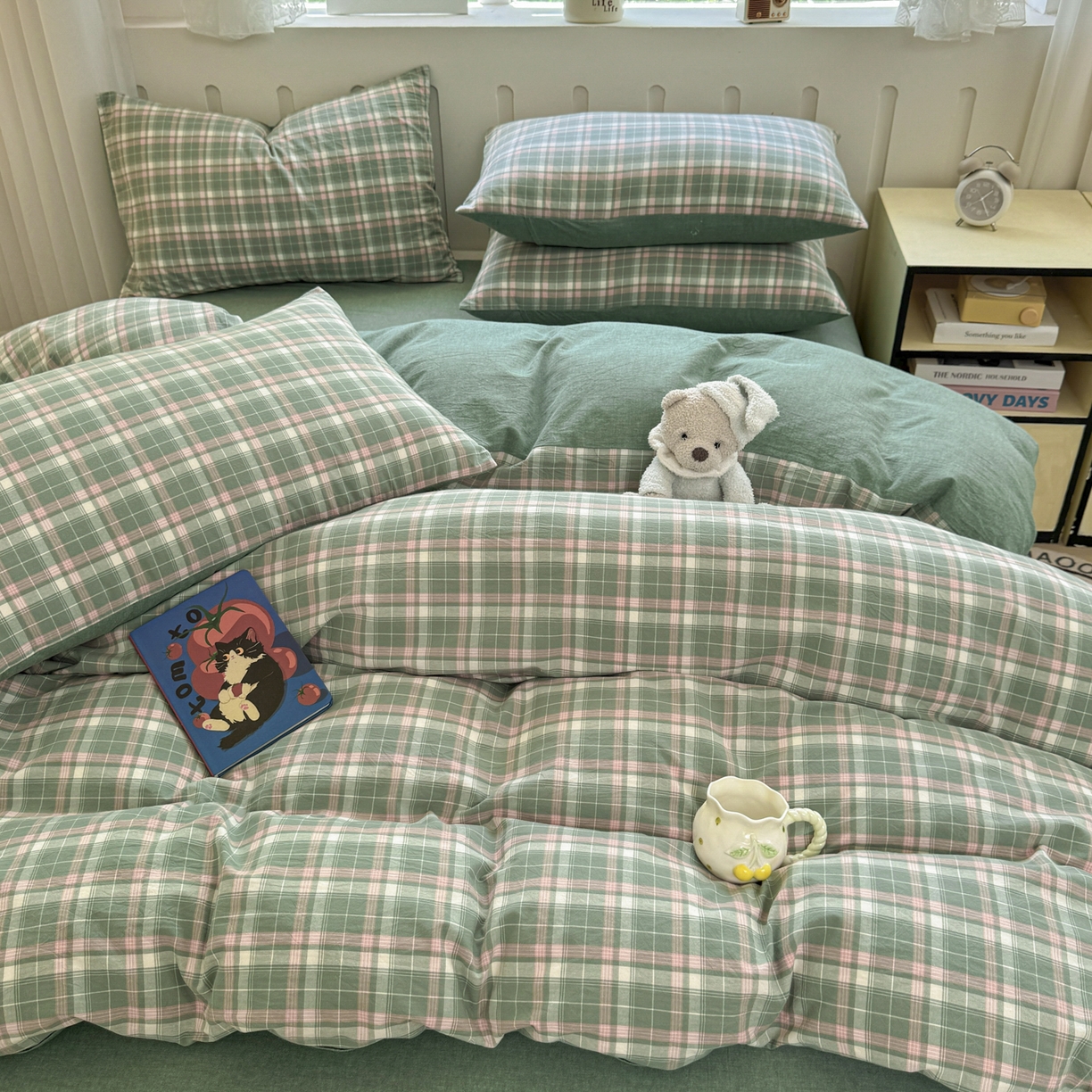 91家纺网 家纺一手货源 找家纺 晚依家纺 2025新款A类全棉色织水洗棉被套单件纯棉格子纯色学生宿舍被罩定制定做 映像格-绿