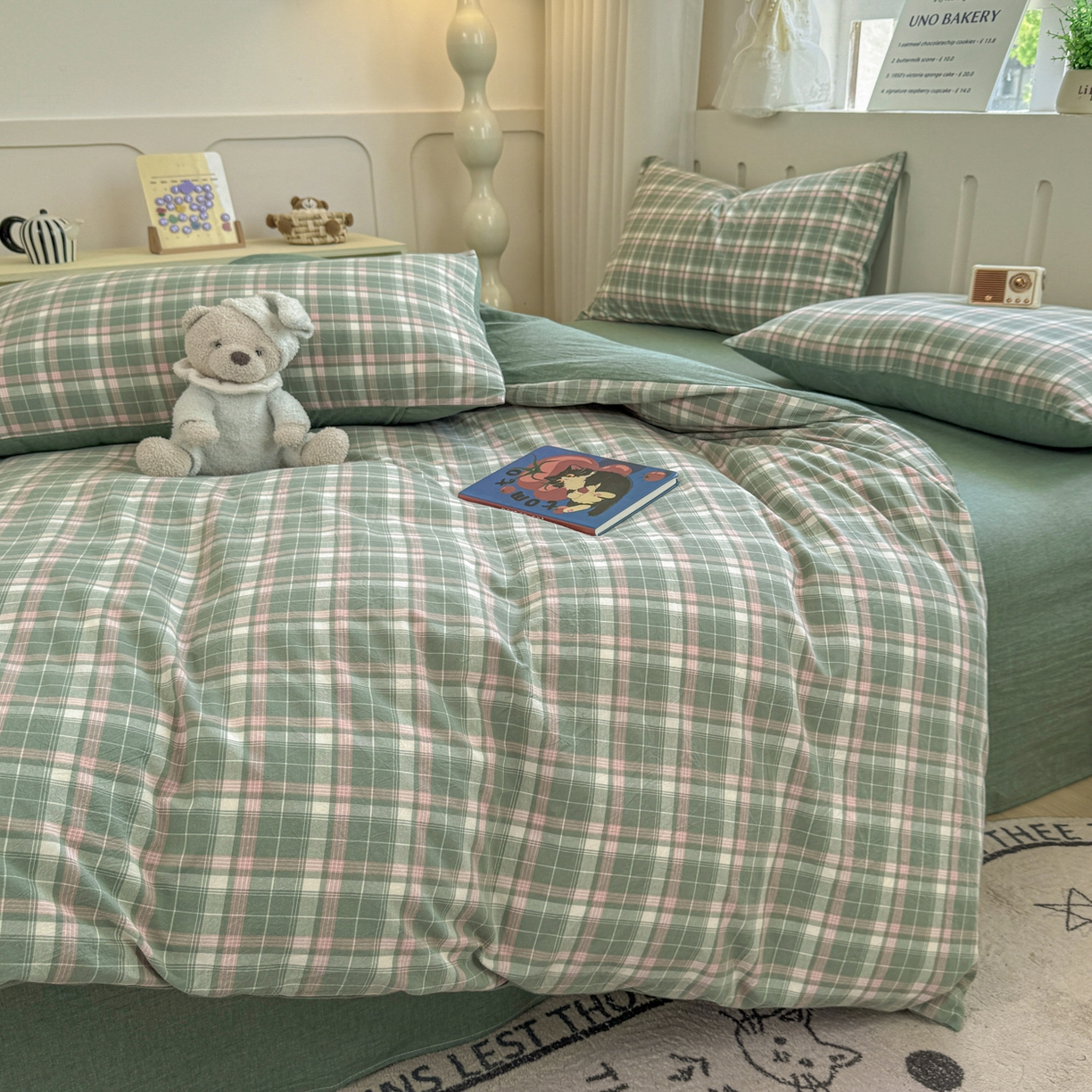 91家纺网 家纺一手货源 找家纺 晚依家纺 2025新款A类全棉色织水洗棉被套单件纯棉格子纯色学生宿舍被罩定制定做 映像格-绿