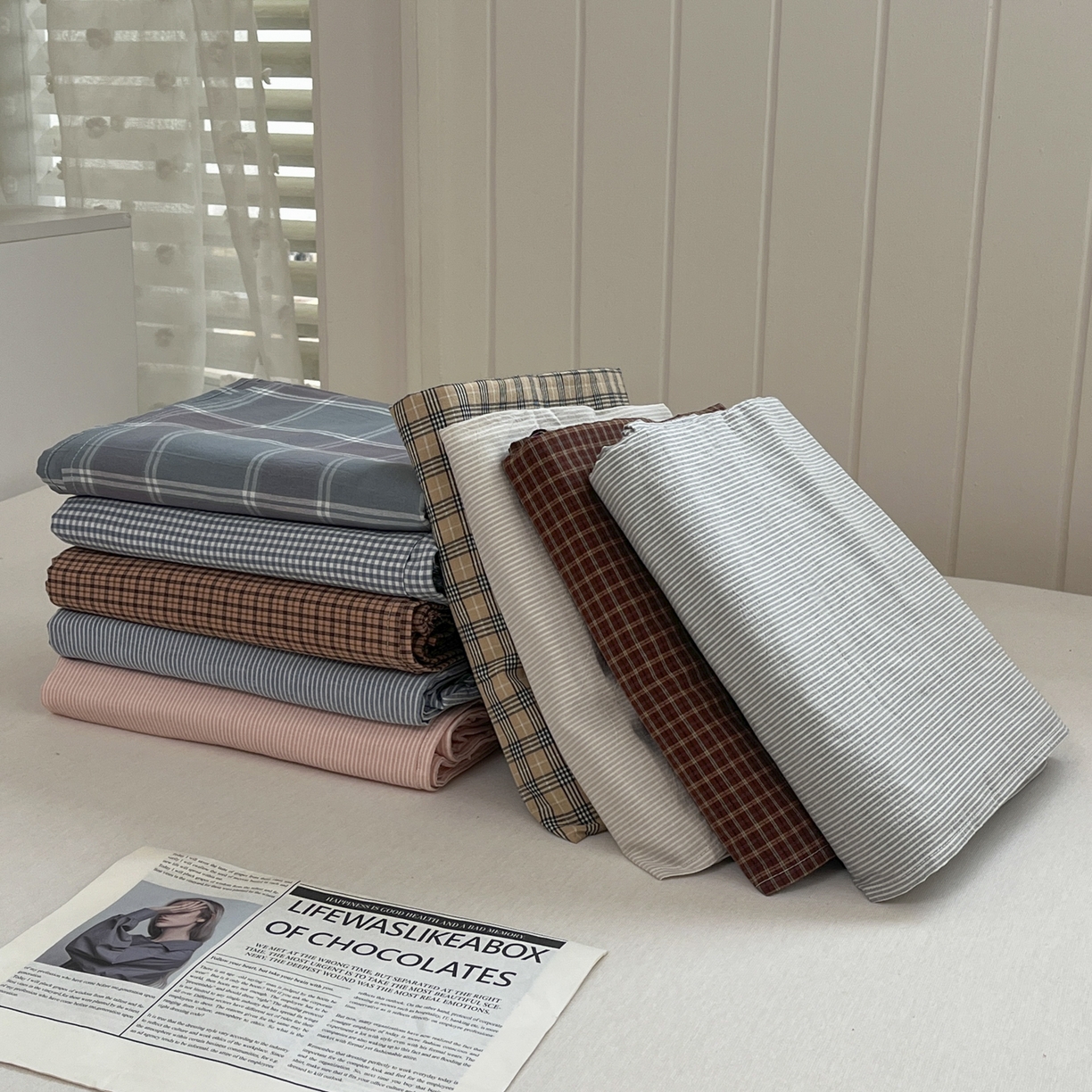 91家纺网 家纺一手货源 找家纺 晚依家纺 2025新款A类全棉色织水洗棉被套单件纯棉格子纯色学生宿舍被罩定制定做 组合图仅做展示