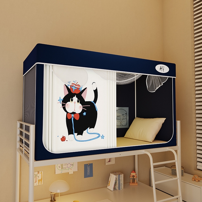 91家纺网 家纺一手货源 找家纺 安金蚊帐2025新款防蚊遮光一体99%强遮光学生宿舍上下铺遮光学生蚊帐-藏蓝系列 苹果猫