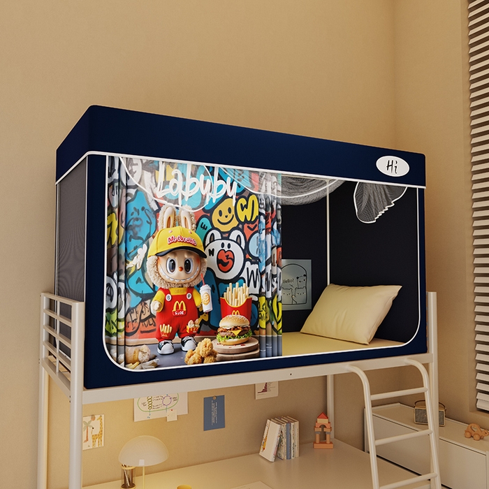 91家纺网 家纺一手货源 找家纺 安金蚊帐2025新款防蚊遮光一体99%强遮光学生宿舍上下铺遮光学生蚊帐-藏蓝系列 小麦布