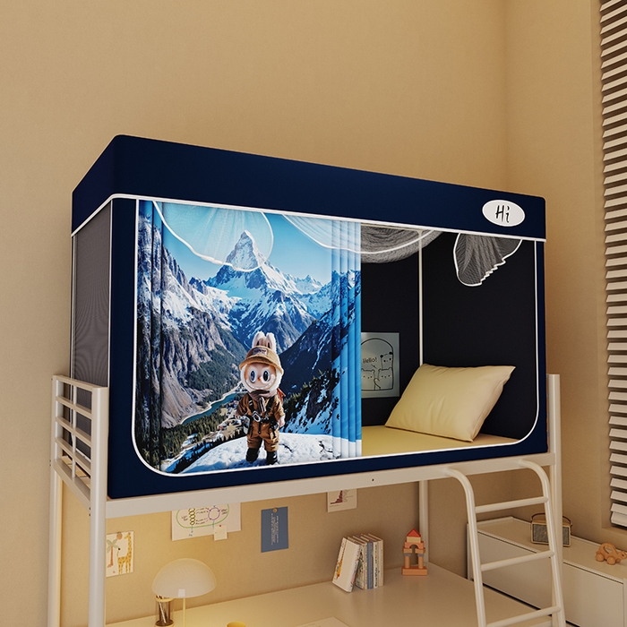 91家纺网 家纺一手货源 找家纺 安金蚊帐2025新款防蚊遮光一体99%强遮光学生宿舍上下铺遮光学生蚊帐-藏蓝系列 雪山布