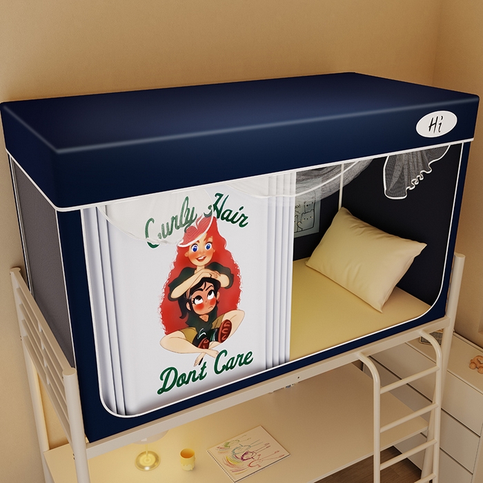 91家纺网 家纺一手货源 找家纺 安金蚊帐2025新款防蚊遮光一体99%强遮光学生宿舍上下铺遮光学生蚊帐-藏蓝系列 红发女孩