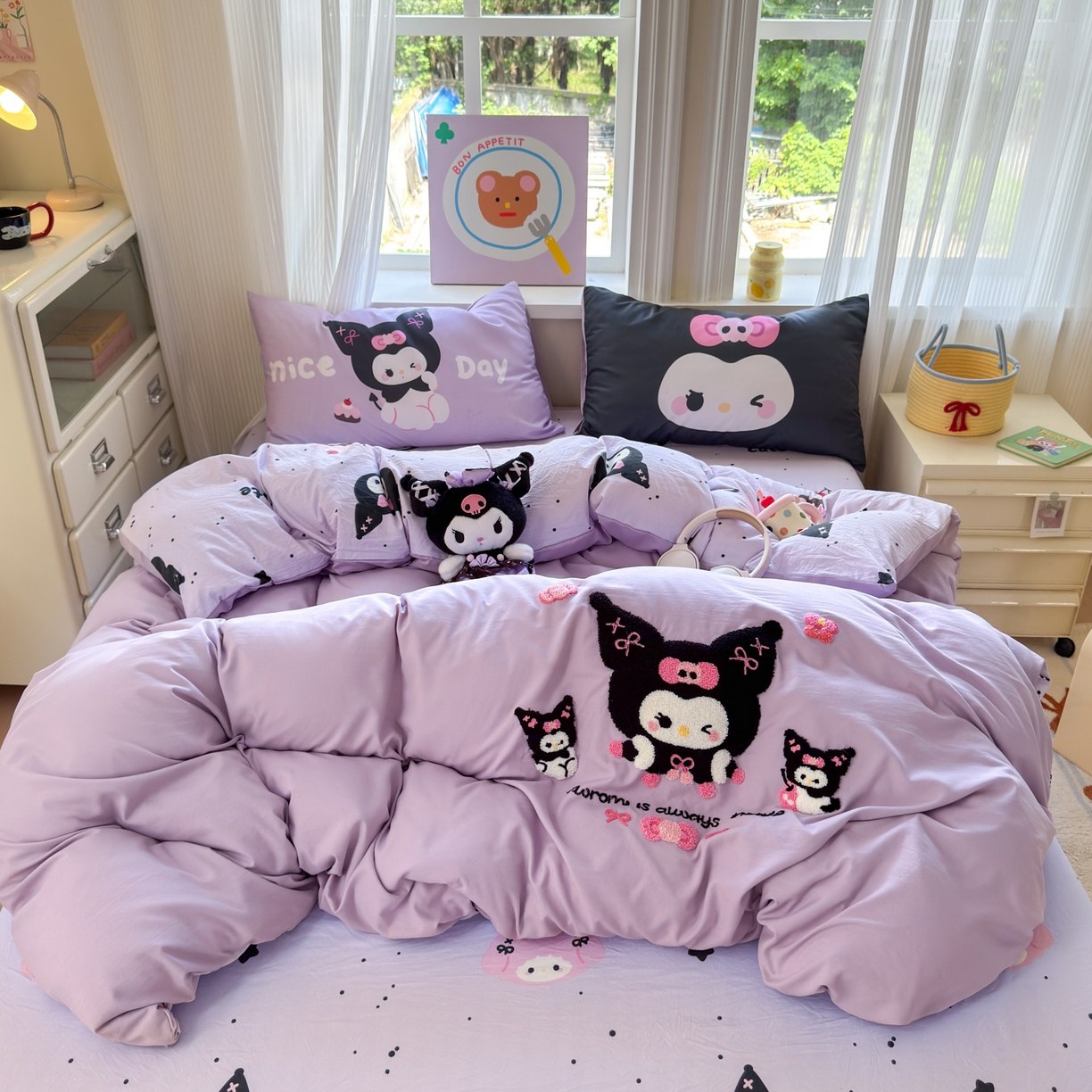 91家纺网 家纺一手货源 找家纺 一霖家纺 2025新款高克重云朵棉毛巾绣印绣四件套-小清新系列-第三波 黑库米米