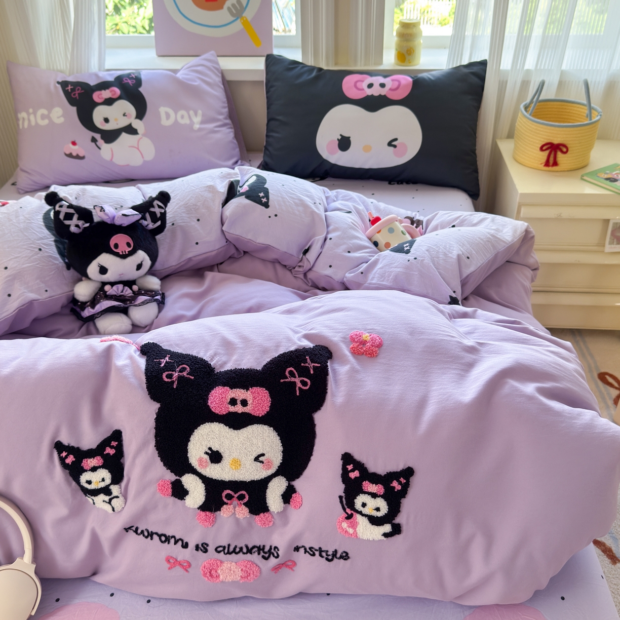 91家纺网 家纺一手货源 找家纺 一霖家纺 2025新款高克重云朵棉毛巾绣印绣四件套-小清新系列-第三波 黑库米米