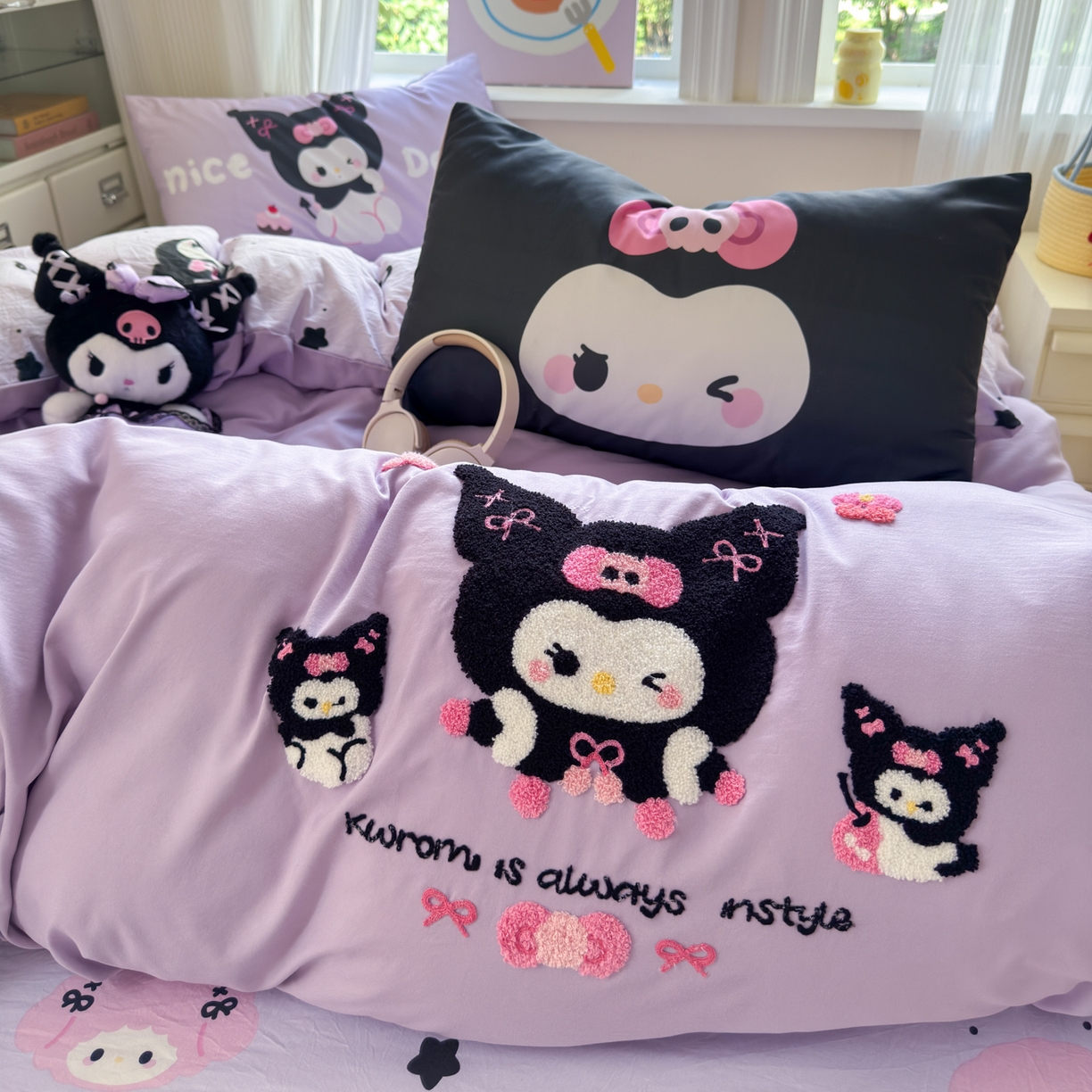 91家纺网 家纺一手货源 找家纺 一霖家纺 2025新款高克重云朵棉毛巾绣印绣四件套-小清新系列-第三波 黑库米米