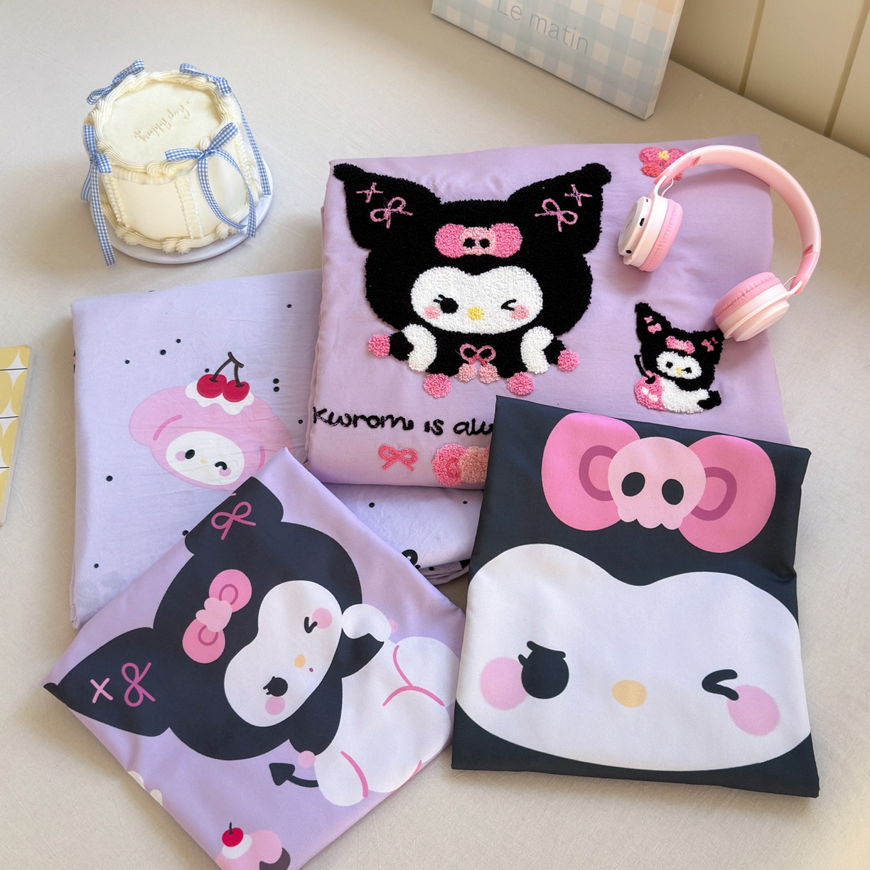 91家纺网 家纺一手货源 找家纺 一霖家纺 2025新款高克重云朵棉毛巾绣印绣四件套-小清新系列-第三波 黑库米米