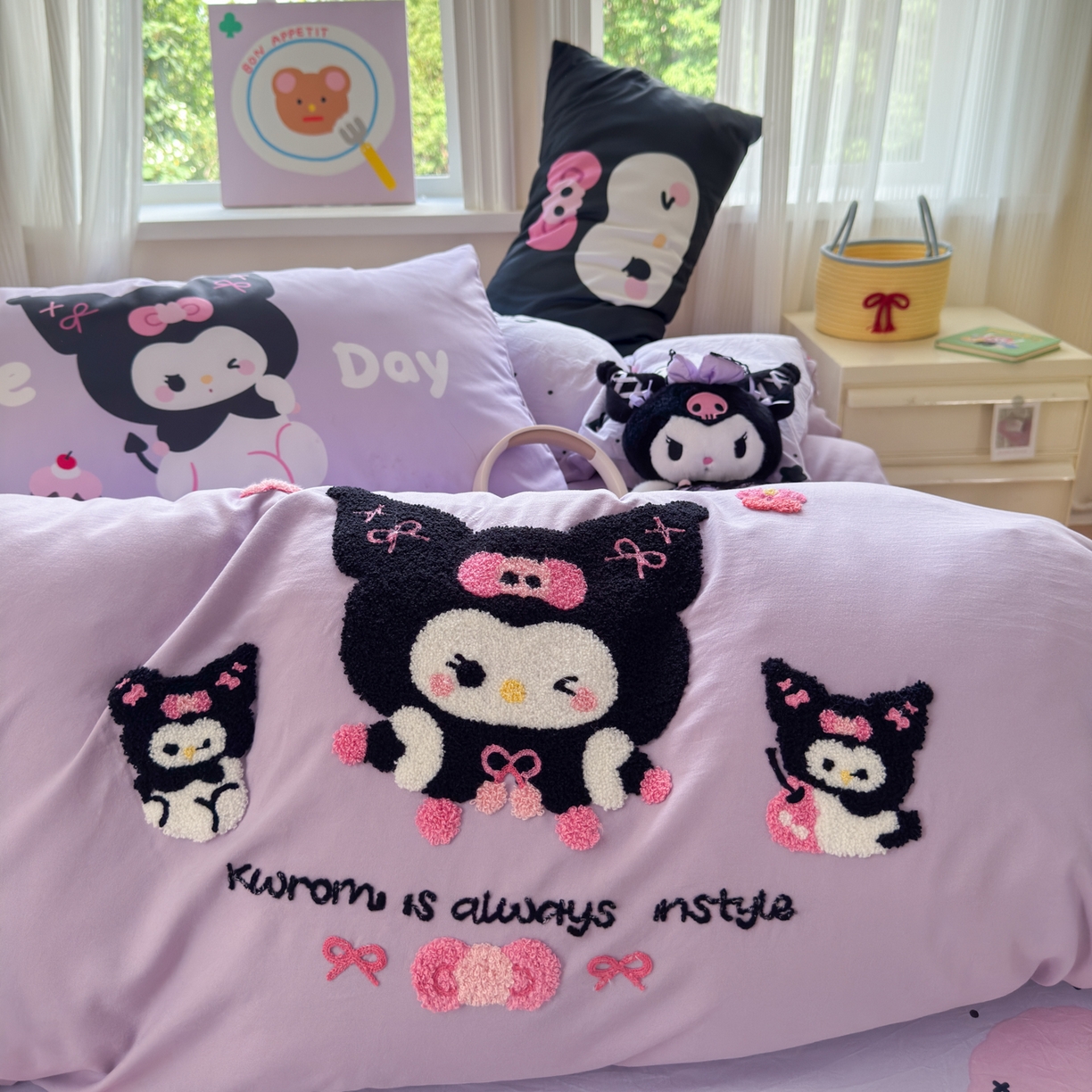 91家纺网 家纺一手货源 找家纺 一霖家纺 2025新款高克重云朵棉毛巾绣印绣四件套-小清新系列-第三波 黑库米米