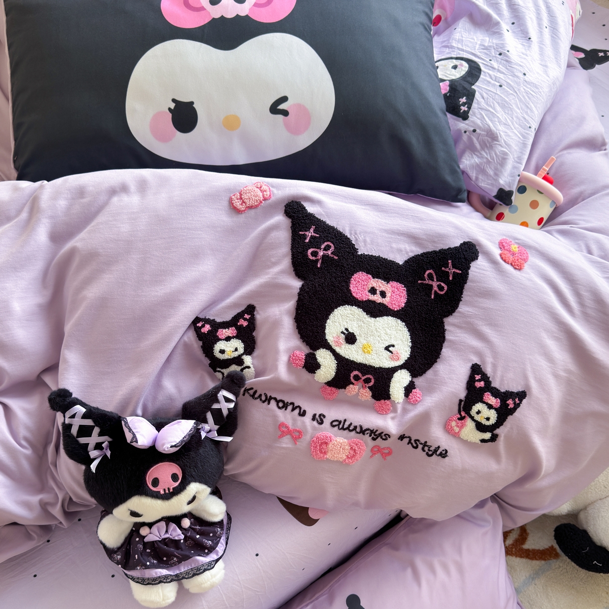 91家纺网 家纺一手货源 找家纺 一霖家纺 2025新款高克重云朵棉毛巾绣印绣四件套-小清新系列-第三波 黑库米米