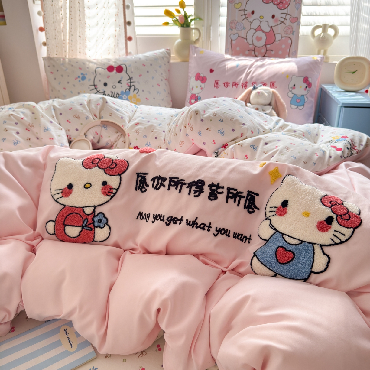 一霖家纺 2025新款高克重云朵棉毛巾绣印绣四件套-小清新系列-第三波心愿小猫